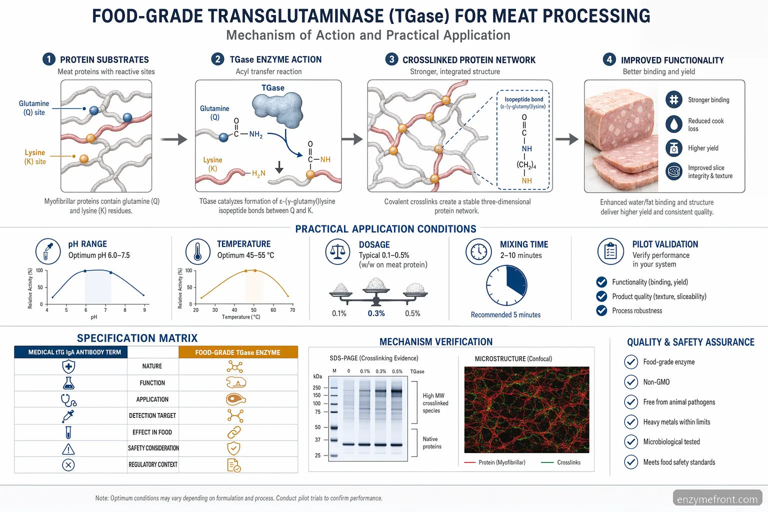 tiss transglutaminase iga meat processing diagram shows TGase pH temperature dosage and protein crosslinking flow
