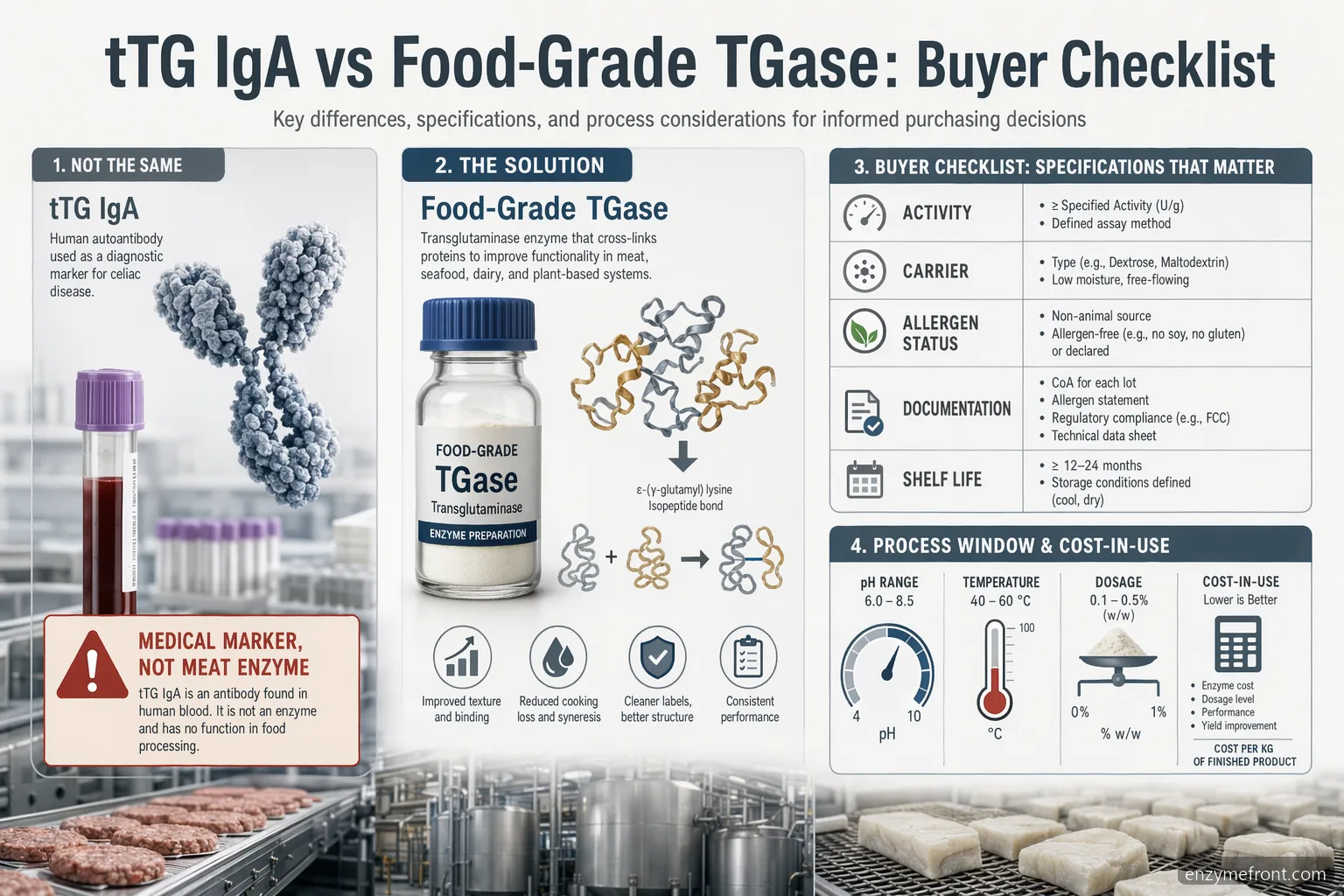 tiss transglutaminase iga meat processing guide contrasts antibody testing with food-grade TGase buying checks