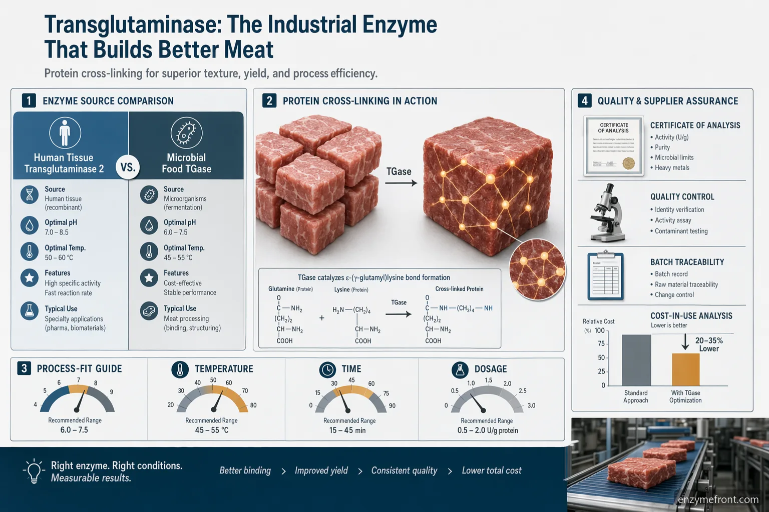 tissue transglutaminase 2 supplier guide infographic comparing food TGase, meat binding, QC, and documents