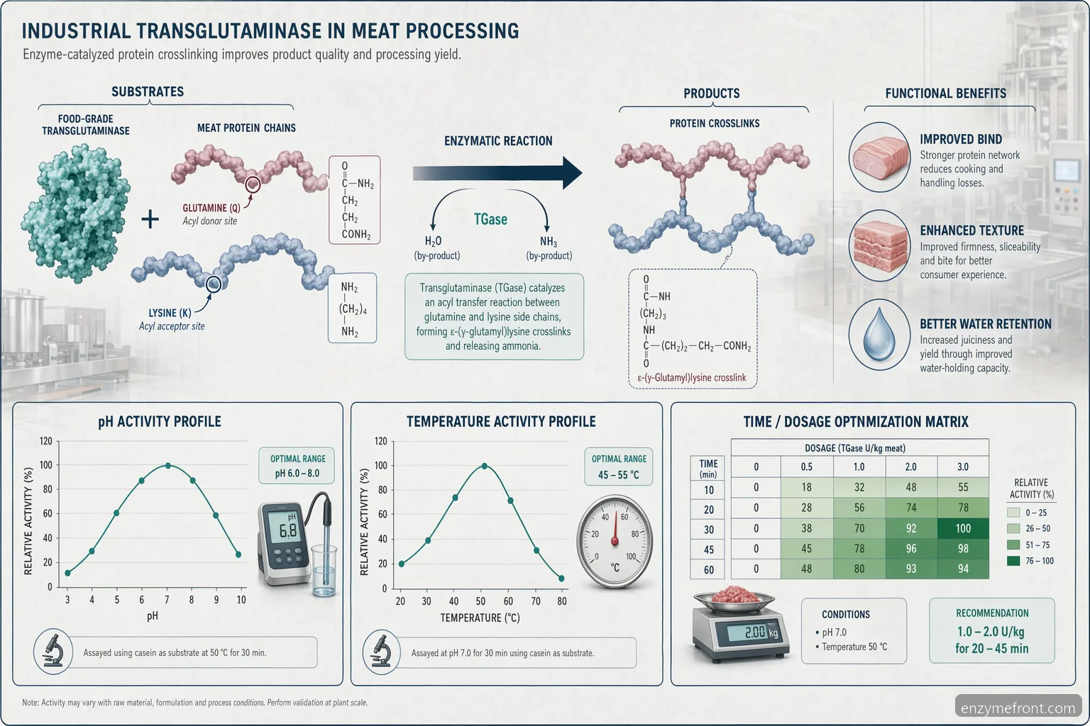 tissue transglutaminase iga antibod meat processing diagram showing enzyme crosslinking, pH, temperature, time and dosage