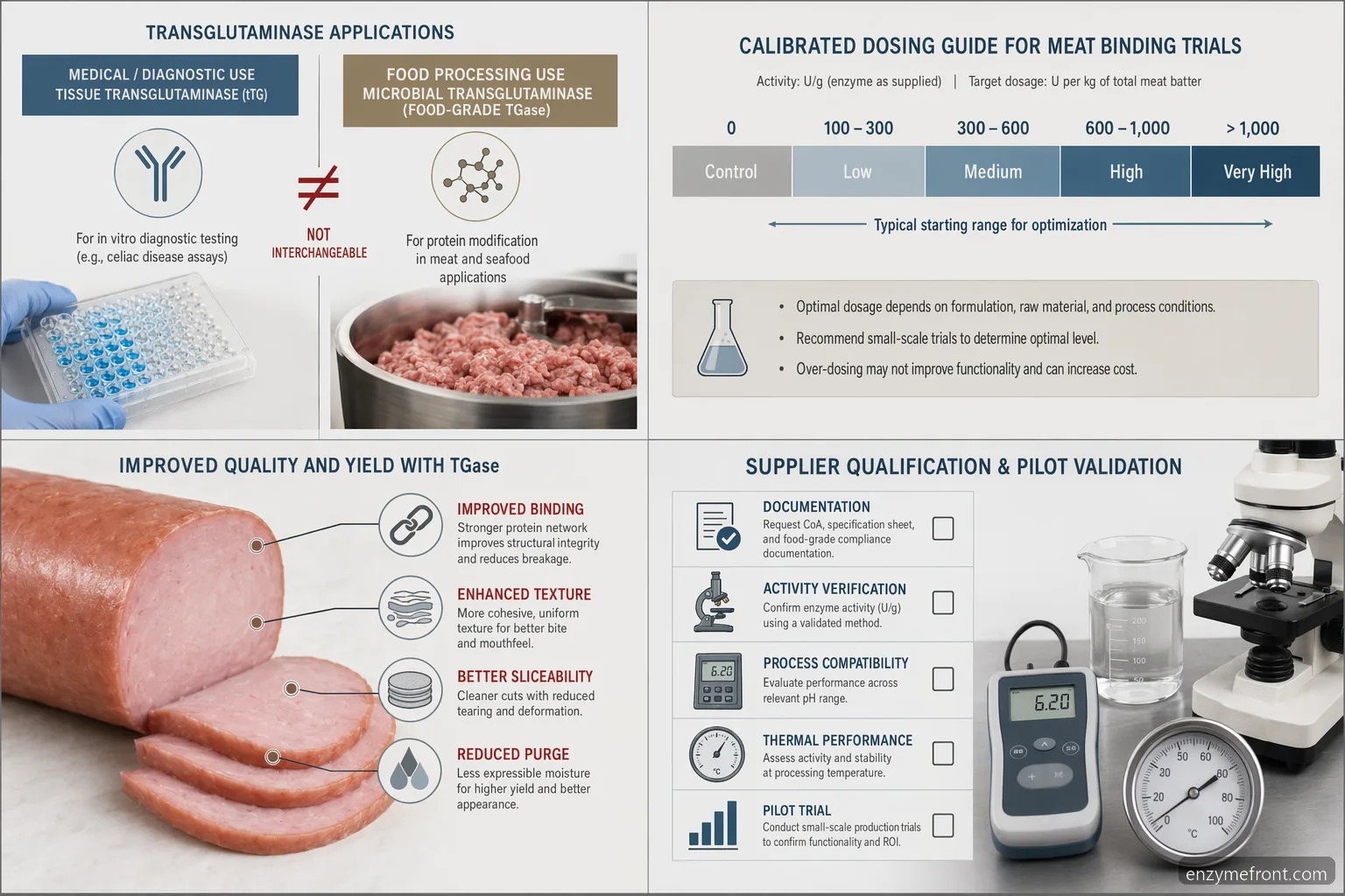 tissue transglutaminase meat processing control infographic showing TGase dosage, texture, purge, and validation checks